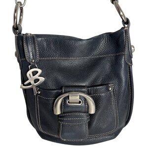 B Makowsky Dark Blue Pebbled Leather Shoulder Crossbody Bag w/ Silver-Tone Charm